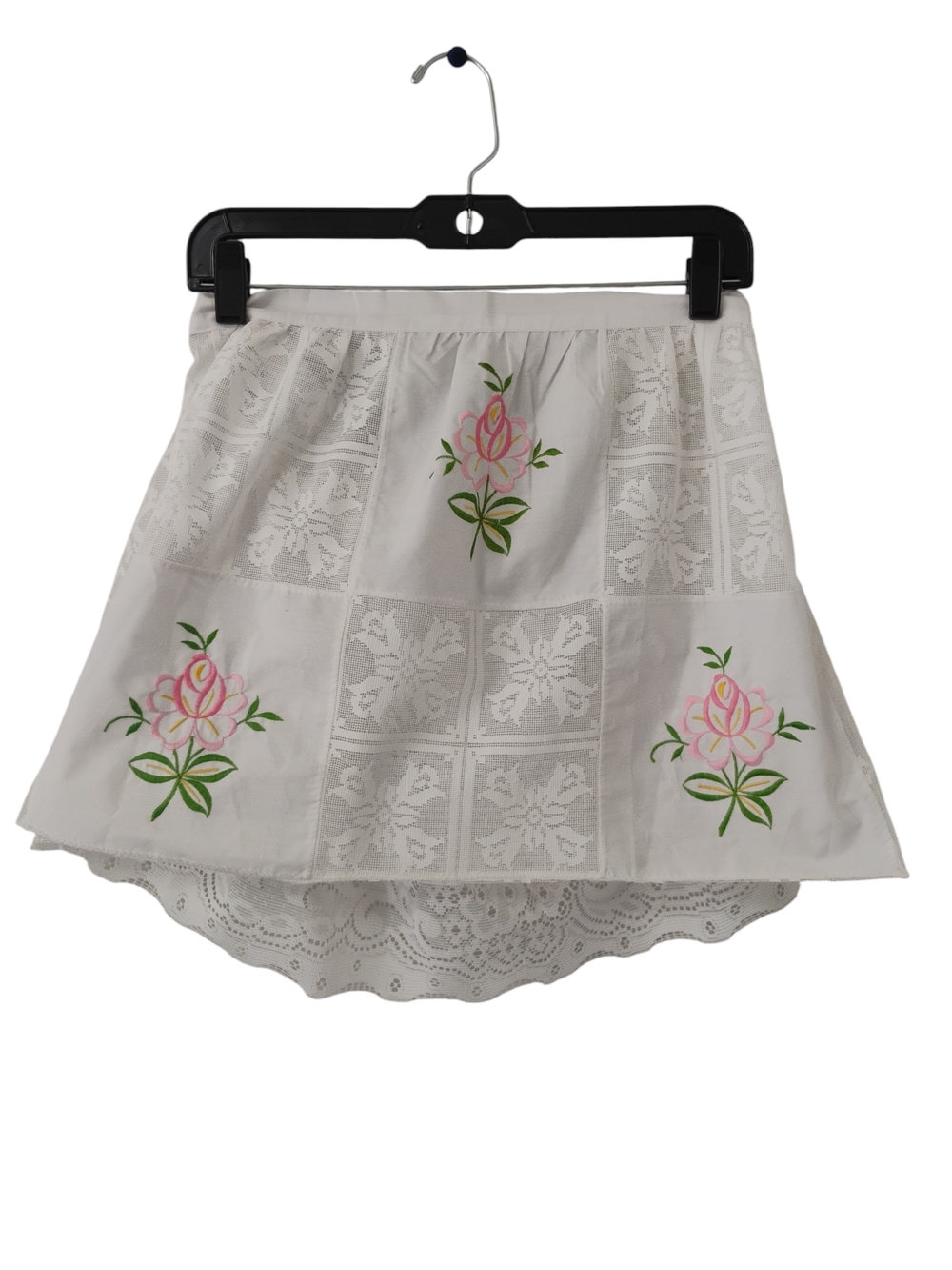 White Mini Skirt W/Pink Floral Embroidery W/Elastic Back And Tie Closure Size Sm